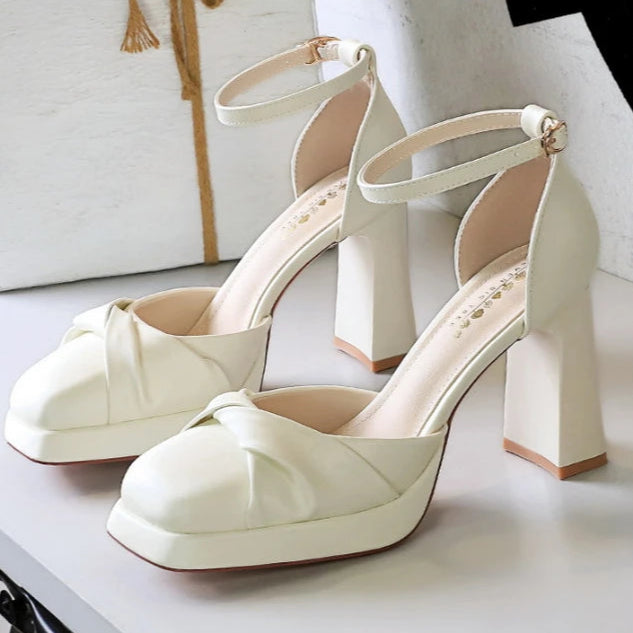 One-Strip Ultra-High Heel Sandals Platform Thick Heel Bow Women Shoes Square Toe Shallow Mouth Hollow Shoes