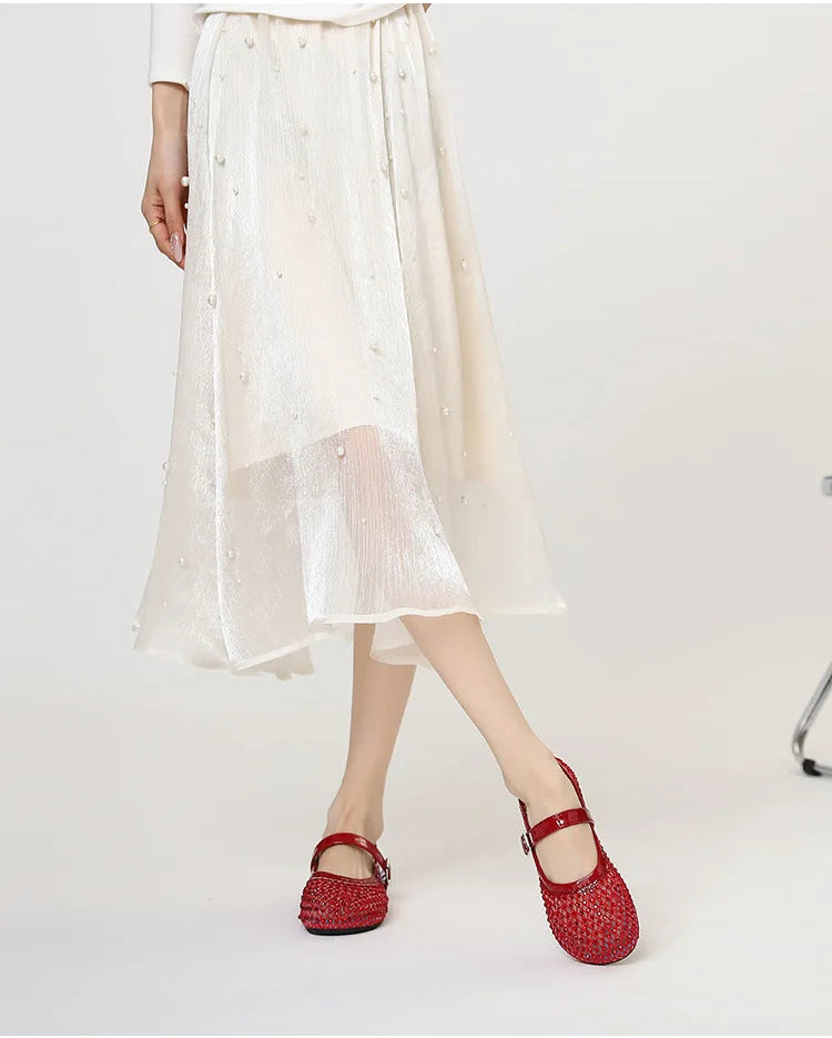 French-style rhinestone mesh Mary Jane shoes, breathable shallow single shoes, fairy-style soft-soled flat shoes