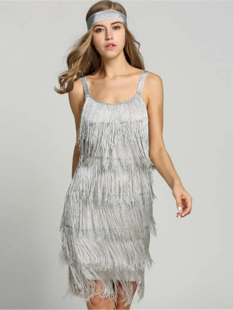 Great Gatsby Dress Slash Neck Strappy Tiered Fringe Dress Vintage Flapper Party Fancy Dress Costumes With Headband