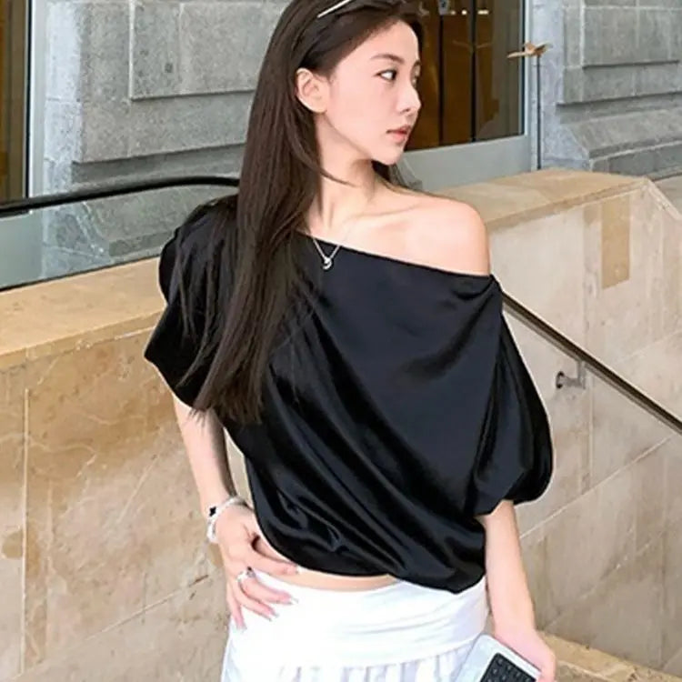 French Acetate Satin Short Sleeve Shirt Women Summer Beautiful Shirt Short Design Loose Slim Slanted Shoulder Top