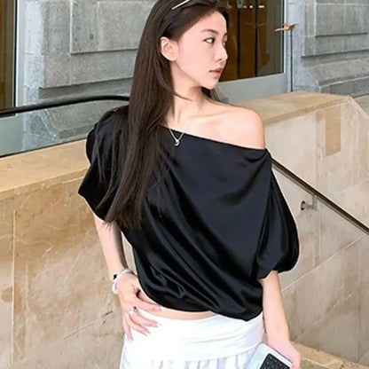 French Acetate Satin Short Sleeve Shirt Women Summer Beautiful Shirt Short Design Loose Slim Slanted Shoulder Top