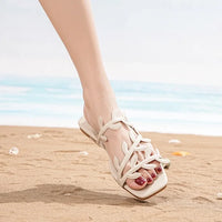 Leaf Pattern Women's Sandals Outdoor Wear New Style Beach Flat Bottom Slip-On Holiday Comfortable Breathable Flats