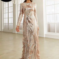 Round Neck Long Sleeved Sequin A Line Evening Dress Banquet Prom Maxi Wedding Bride Dress