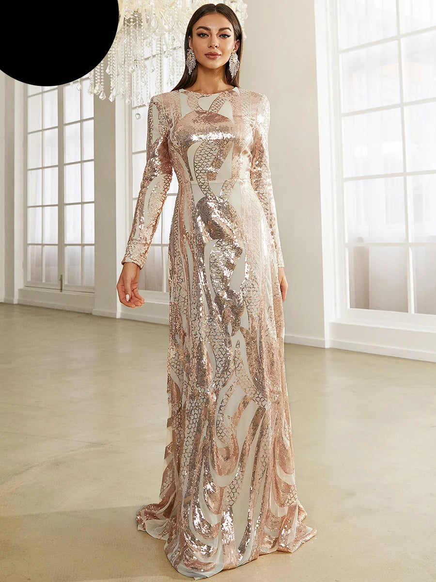 Round Neck Long Sleeved Sequin A Line Evening Dress Banquet Prom Maxi Wedding Bride Dress