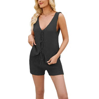 V-neck Sleeveless Vest Single-row Lace-up Casual Shorts Two-piece Set Women's Casual Commuting Beach All-match Shorts Set Natalia Home Fashion    Natalia Home Fashion