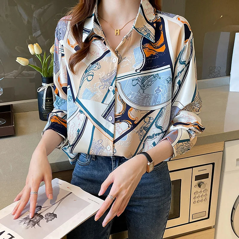Chiffon Allover Printed Women's Blouses High Quality Long Sleeve Single Breasted Spring Summer Casual Lady Blouses
