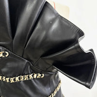 Elegant Socialite Fashion New Heavy Chain Three-Dimensional Ruffle Off-Shoulder Leather Dress Sexy Mini Dress