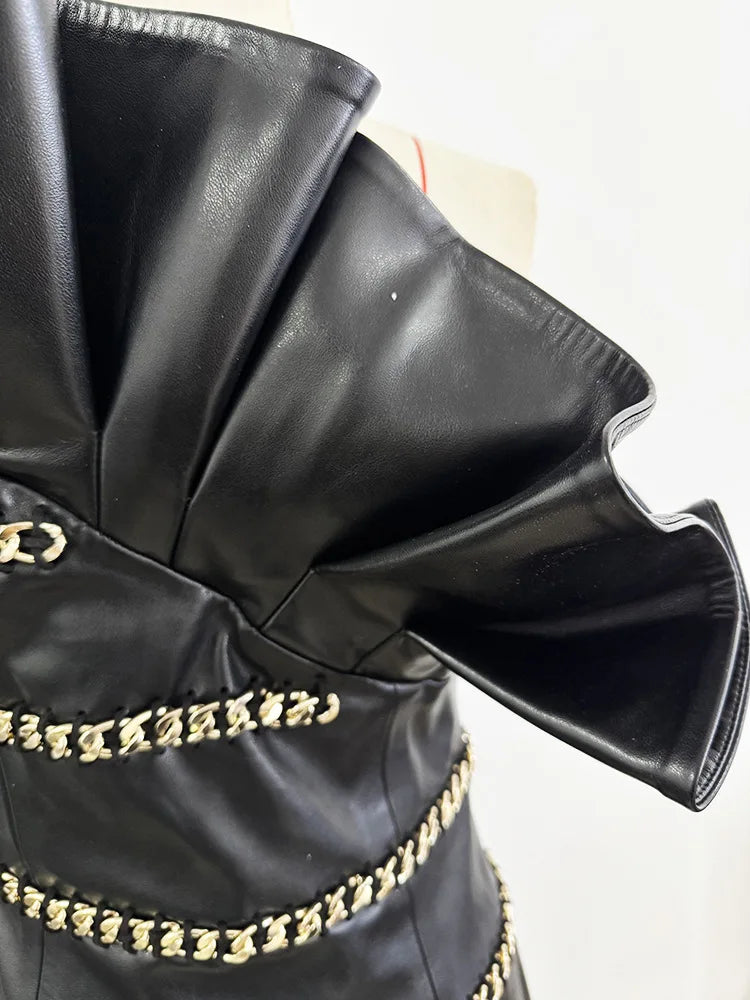 Elegant Socialite Fashion New Heavy Chain Three-Dimensional Ruffle Off-Shoulder Leather Dress Sexy Mini Dress