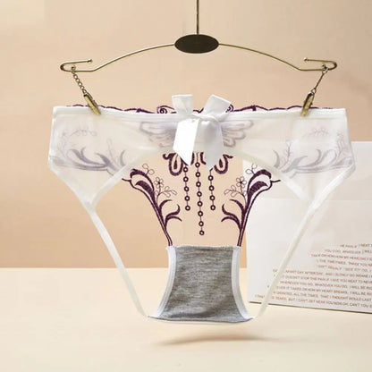 Low Waist Bowknot Lace Hollow Briefs Thin Leaf Flower Mesh Transparent Panties Underpants Open Cotton Crotch