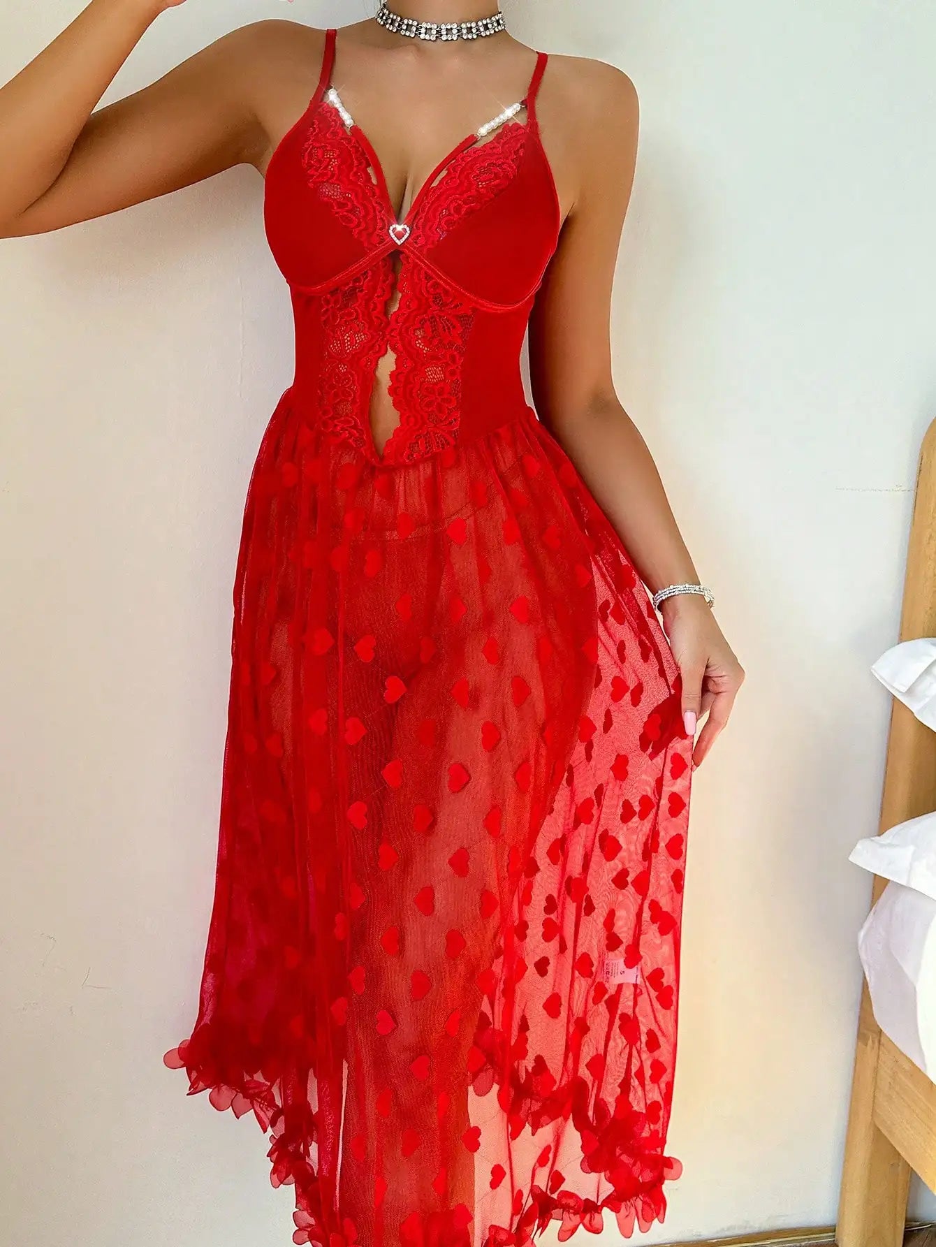 Pearl Chain Decoration, Heart Shape, Lace Sexy Pajama Night Dress Long Dress
