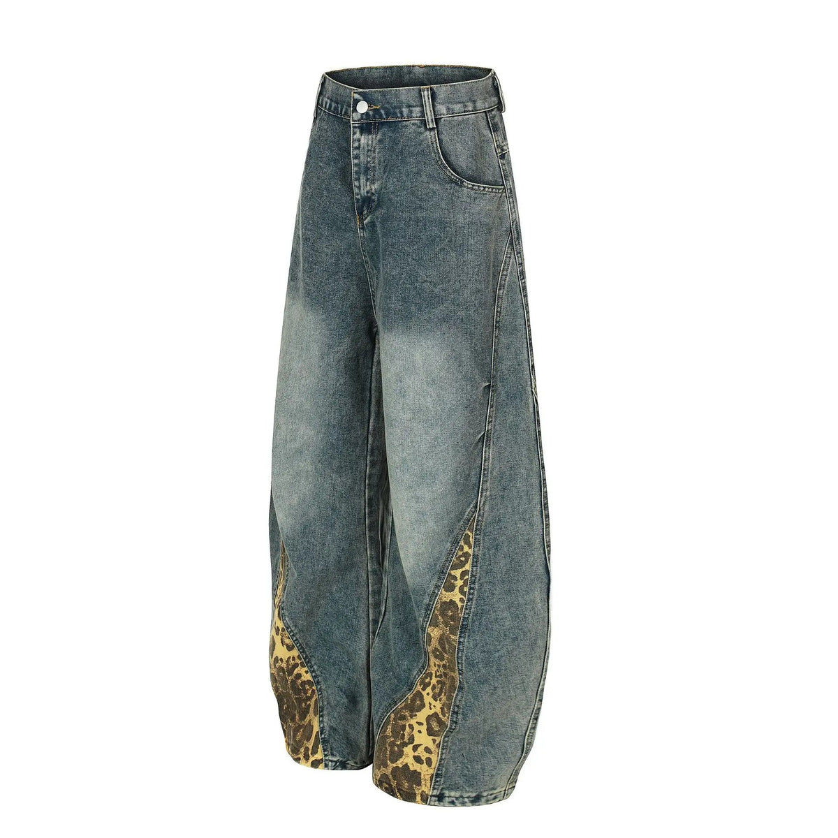 Retro Leopard Print Patchwork Baggy Jeans Men Women High Waist Wide Leg Washed Denim Pants Trousers Natalia Home Fashion    Natalia Home Fashion