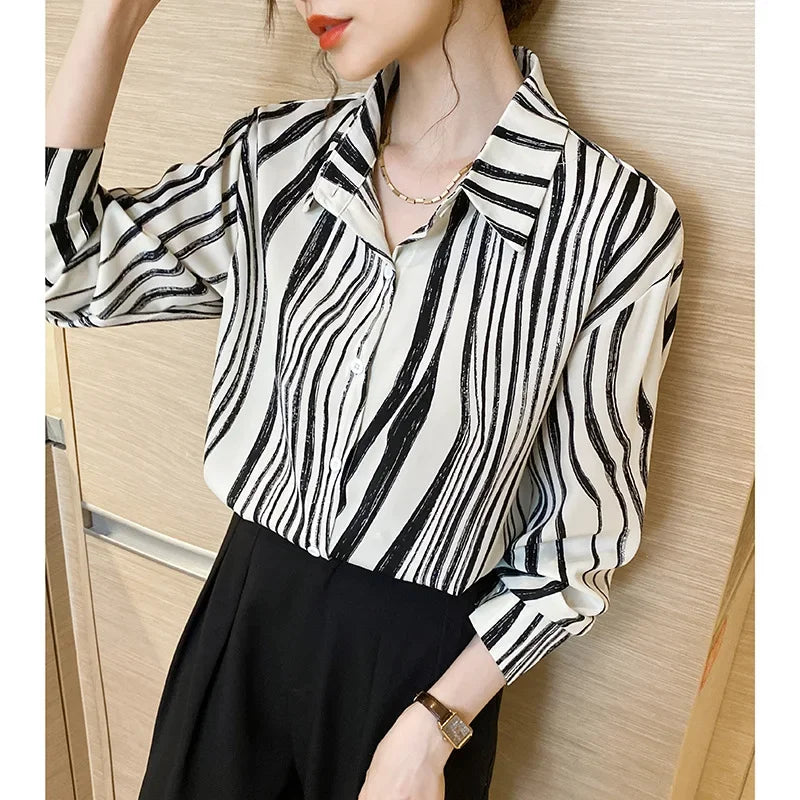 High-End Elegant Fashionable Casual Striped Long Sleeve Versatile French Style Lapel Chiffon Shirt Women's Clothing