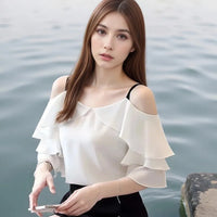 Women's Fashion Suspender V-neck Chiffon Short-sleeved Shirt Elegant Ruffle Edge Decorative Casual Shoulder Blouse