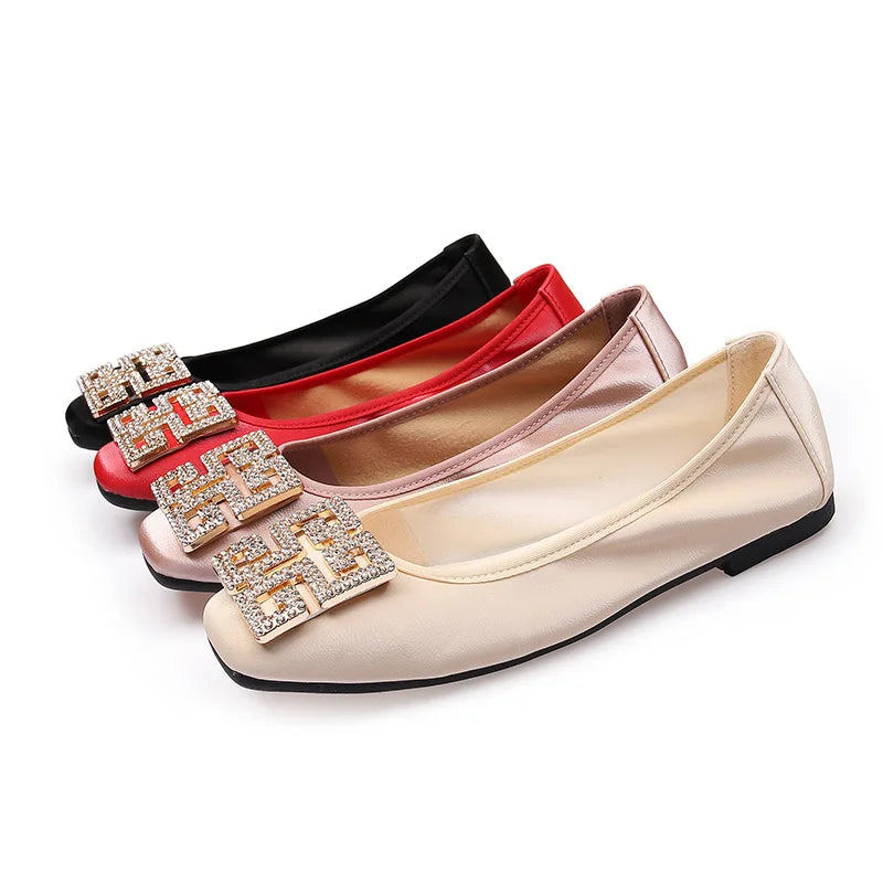 Rhinestones Buckle Flats Ballet Shoes Women Slip on Shallow Mouth Moccasins Elegant Women's Loafers Party Leather Ballerina