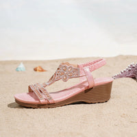 Bohemian Style Thick Heel Sandals Summer Fashion Beach Diamond Women's Shoes round Head Roman Style PU Leather Roman Sandals