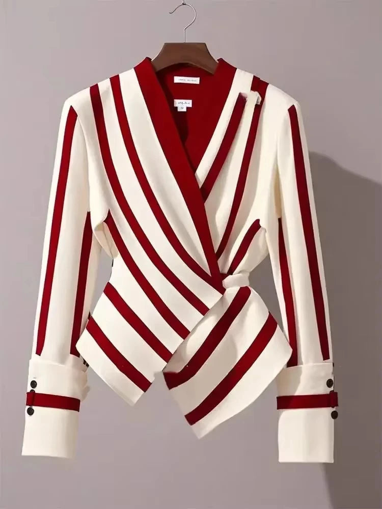 High end Luxury Long Sleeve Shirt for Women Unique Chic Korean Style V-neck Striped Blouse Women Tops Natalia Home Fashion    Natalia Home Fashion