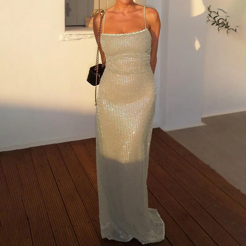 Strap Bead Glitter Dress for Women Hot Girl Sexy Long Dress Kaftan Style Summer Long Dress