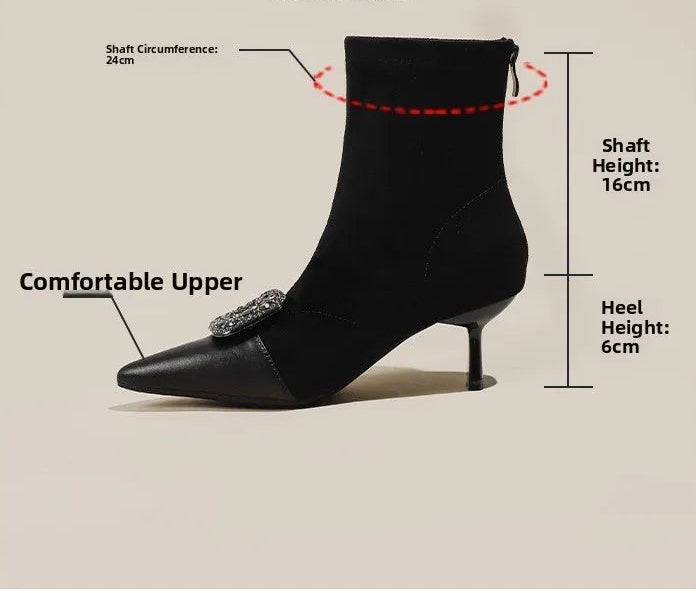 Fashionable Slim Fit Diamond Decorated Pointed Toe High Heel Bootie Mid-Calf Zipper Closure Leather Boot for Women