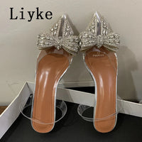 Fashion Design Crystal Bowknot Women Pumps Sexy Pointed Toe Clear High Heels Wedding Prom Shoes PVC Transparent Sandals