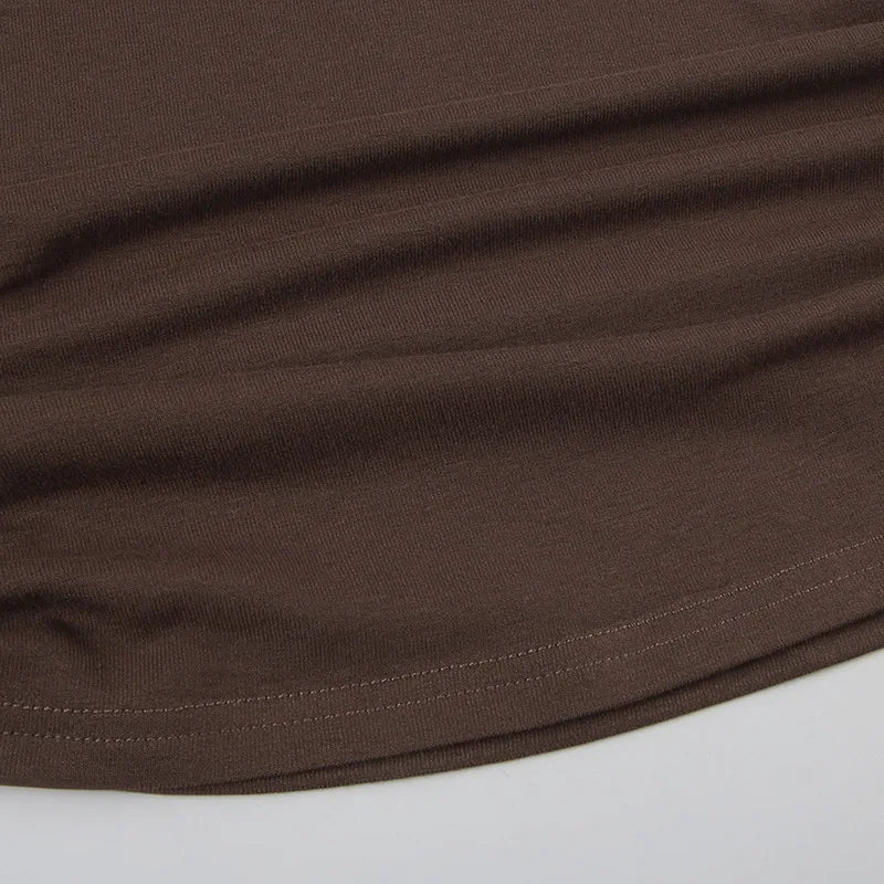 Brown Retro Spice Girl T-shirt Collar Pleated Off Shoulder Beaded Slanted Short Sleeved Summer Casual Slimming Fit Top for Women