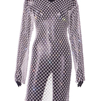 Sexy see through Rhinestone summer dress woman Fishnet club birthday mini dress long sleeve short dresses