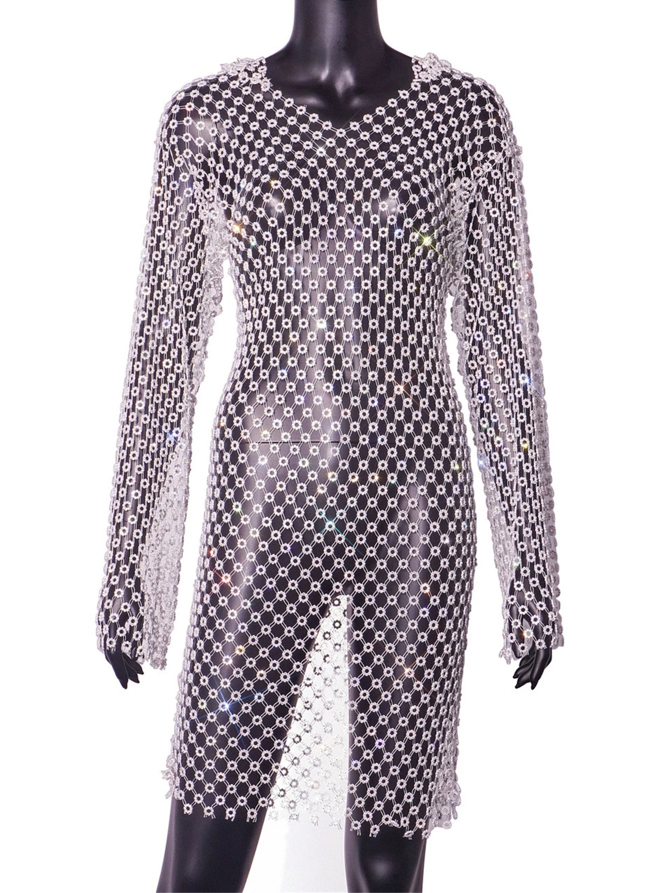 Sexy see through Rhinestone summer dress woman Fishnet club birthday mini dress long sleeve short dresses