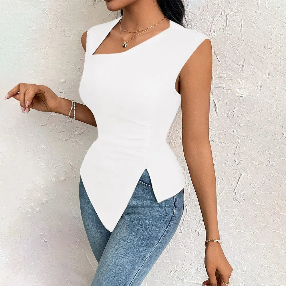 Spring Summer Elegant Stylish Daily Dating Casual Women's Sleeveless Tops Side Ruched Asymmetric Hem One-Shoulder Cut out