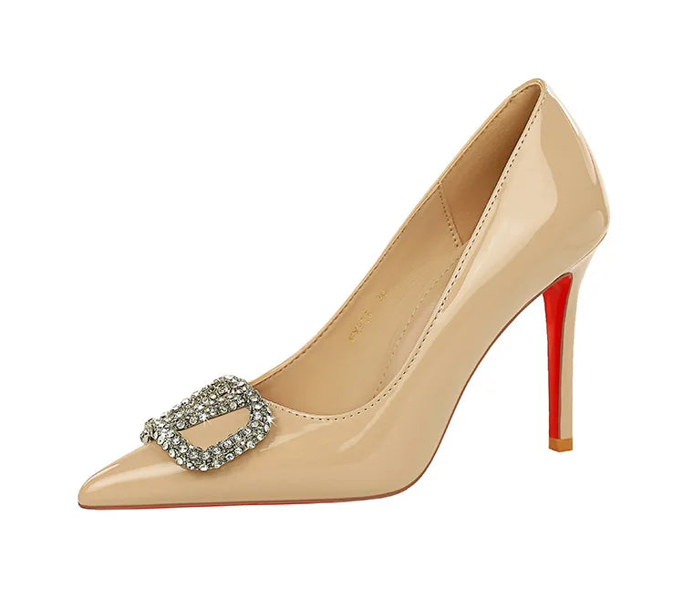 Banquet Pointed High Heels, Shallow Metal Rhinestone Thin Heel Patent Leather High Heels