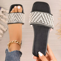 Small Fragrant style flat bottomed plus size slippers for women square headed rhinestone pearl fashionable casual slippers