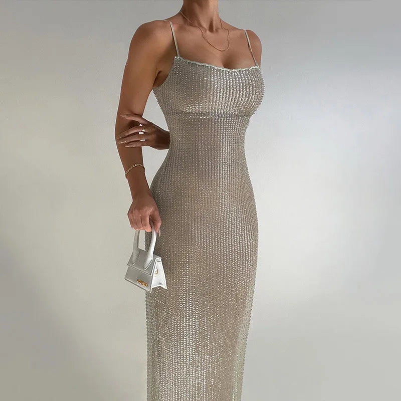 Strap Bead Glitter Dress for Women Hot Girl Sexy Long Dress Kaftan Style Summer Long Dress