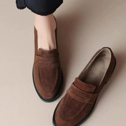 British Style Fleece Lined Chunky Heel Loafers Women's Shoes Retro French Vintage Leather Casual Shoes Rubber Sole Adult Footwear