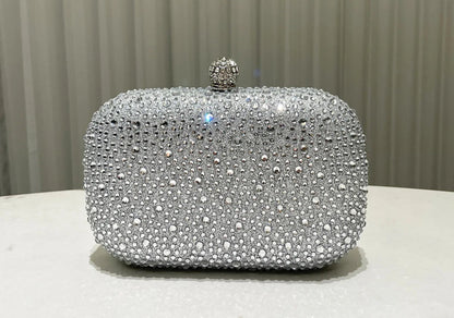 Women Rhinestone Purse Women's Round Box Shaped Evening Bags Elegant Formal Party Stylish Ladies Handbag Silver Clutch