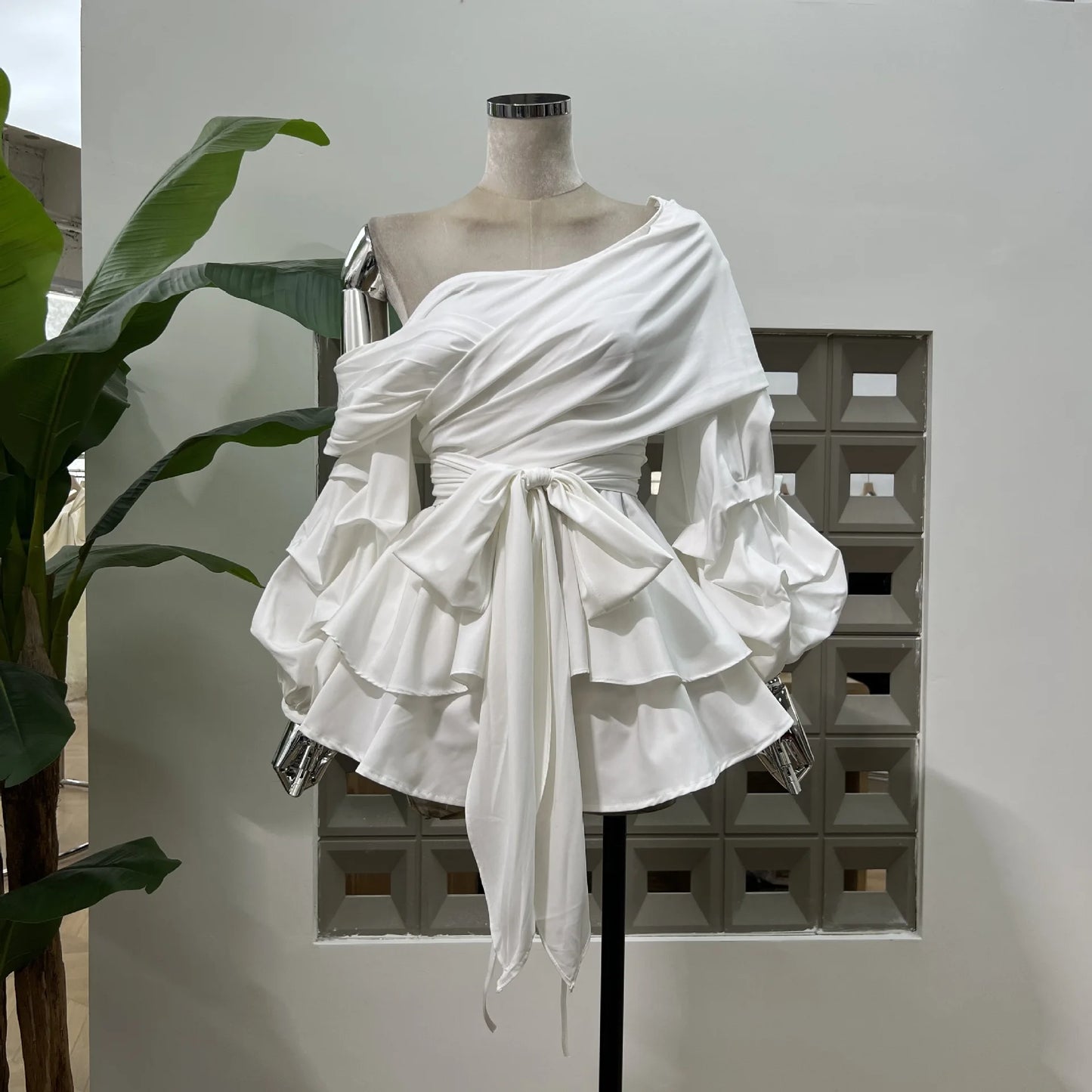 Women's Asymmetric Off-Shoulder Crop-Top Irregular Bow-Waist Puff-Sleeve Party Evening Top