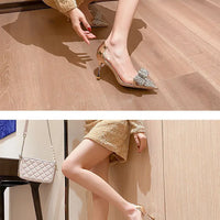 Women's Sexy Evening Wedding Shoes Thin Heels Pumps Shiny Diamond Inlaid Bridal Shoes Pointed Toe Bow Pumps for Women - Natalia Home Fashion