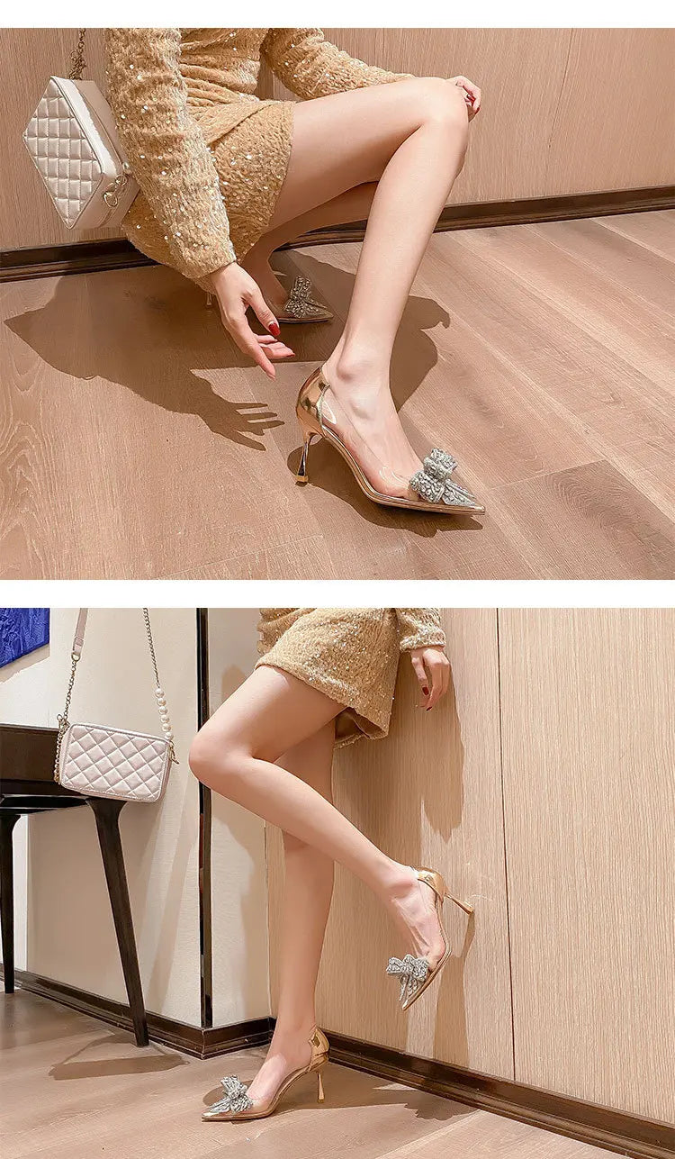 Women's Sexy Evening Wedding Shoes Thin Heels Pumps Shiny Diamond Inlaid Bridal Shoes Pointed Toe Bow Pumps for Women - Natalia Home Fashion