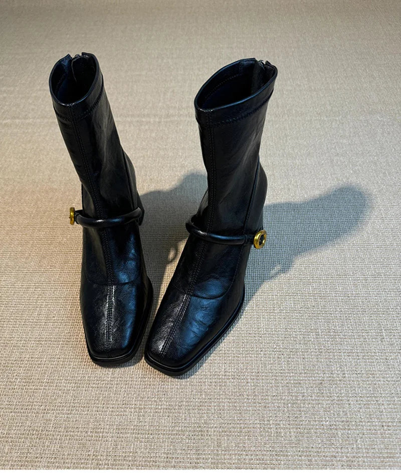 Thick Heel Elastic Slim Women Ankle Boots Fashion Square Toe Autumn Winter Ladies Elegant Mordern Short Booties
