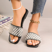 Small Fragrant style flat bottomed plus size slippers for women square headed rhinestone pearl fashionable casual slippers