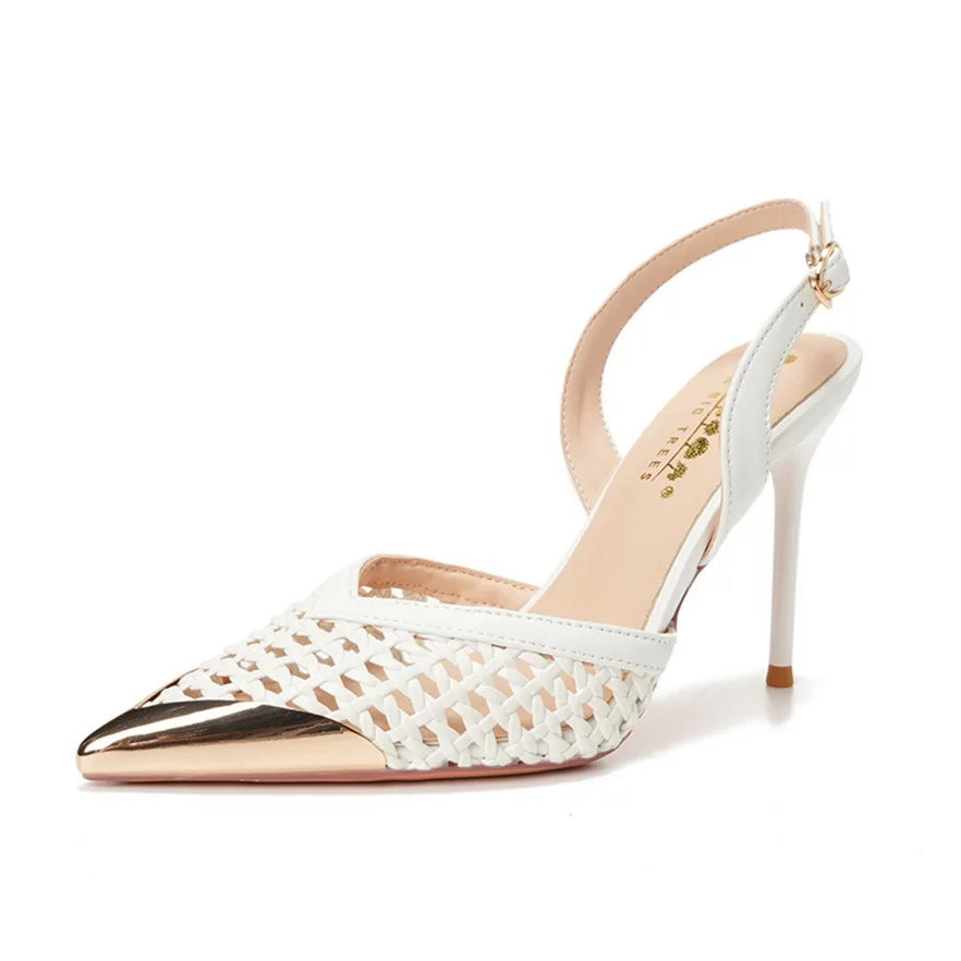 Elegant Hollow Out Woven Stiletto Sandals Women Pointed Toe Metal Straps High Heels