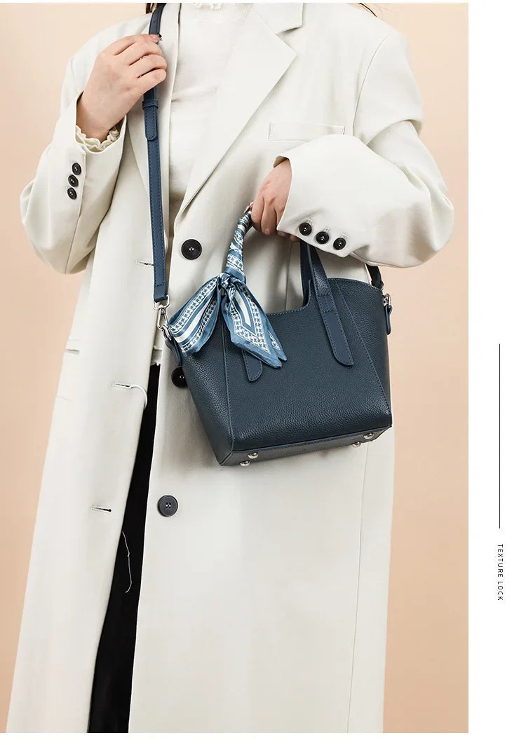 Pure Leather Cowhide Single Shoulder Crossbody Bag Ladies Handbag Fashion Bucket Bag Simple Basket Comes with Scarf