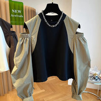Contrast Color Tops Women Loose Casual Long Sleeve O Neck Off Shoulder Preppy All Match shirts