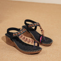 Bohemian Style Women's Sandals Summer Fashion Beach Slope Heel Slippers Beaded Diamond Slip-On round Toe PU Lined Mid Heel