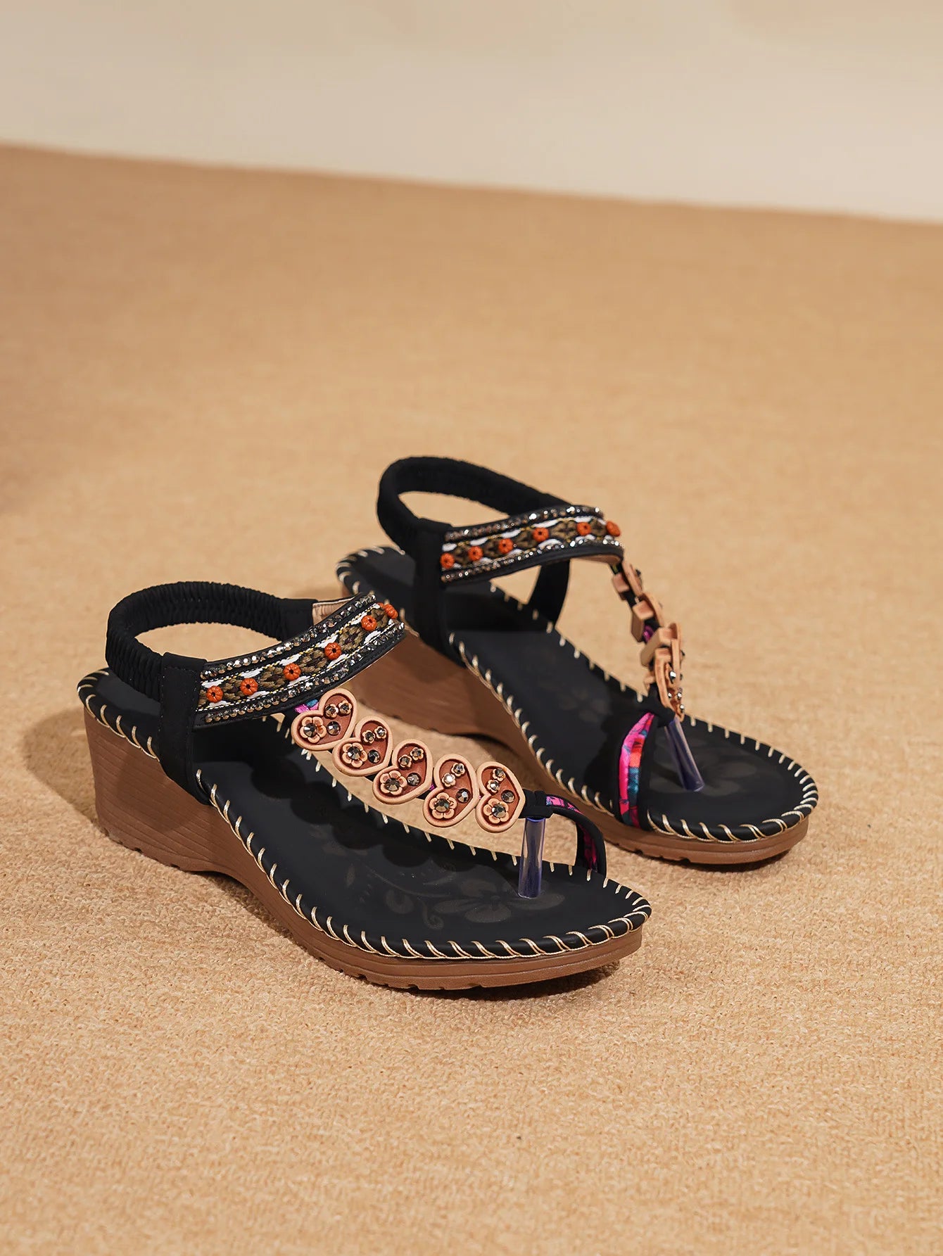 Bohemian Style Women's Sandals Summer Fashion Beach Slope Heel Slippers Beaded Diamond Slip-On round Toe PU Lined Mid Heel