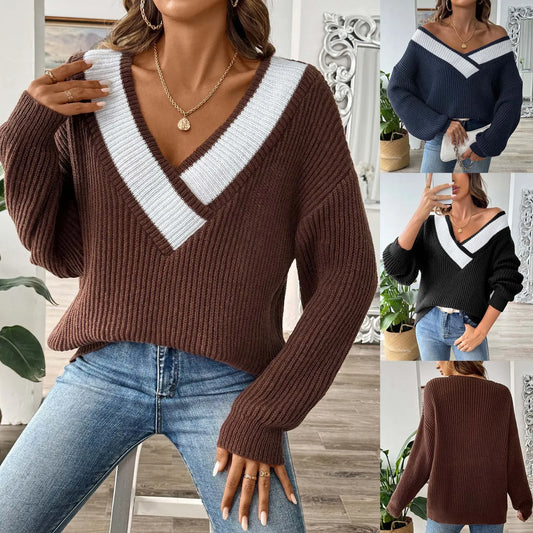 Loose Knitted Sweater V-Neck Color Block Design Women's Overhead Shirt Full Sleeve Polyester Fiber Cross-Border Fashion
