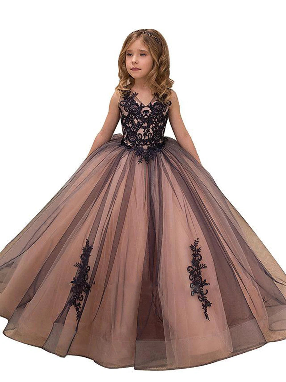 2024 Black Lace Flower Girl Dresses For Party Elegant Sleeveless Tulle V Neck Girls Pageant Princess Birthday Dress Natalia Home Fashion    Natalia Home Fashion