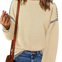 Women's Loose Long Sleeve Crew Neck Knitted Sweater Thickened Polyester Fiber Pure Color Tassel Knitwear