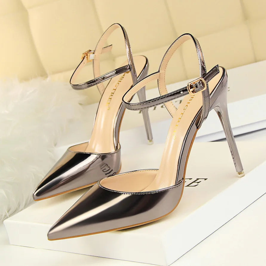 Women 10.5cm High Heels Sandals Lady Metallic Gray Patent Leather Stripper Ankle Strap Sandals Wedding Fetish Nightclub Shoes
