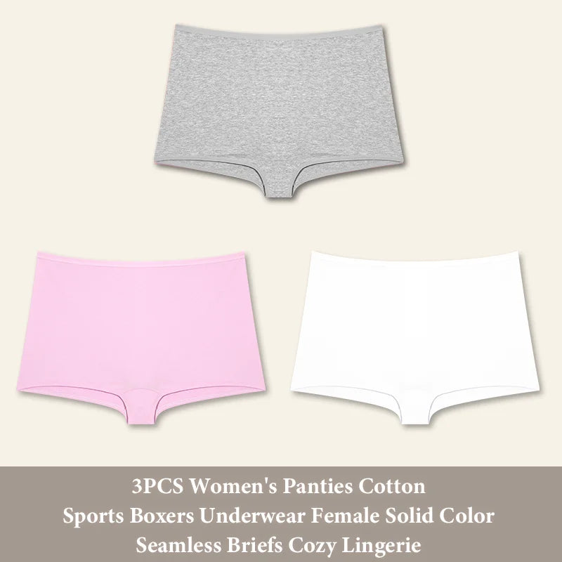 3PCS Women's Panties Cotton Seamless Sports Boxers Underwear Female Solid Color Briefs Cozy Lingerie Intimate Underpants