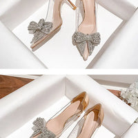 Women's Sexy Evening Wedding Shoes Thin Heels Pumps Shiny Diamond Inlaid Bridal Shoes Pointed Toe Bow Pumps for Women - Natalia Home Fashion
