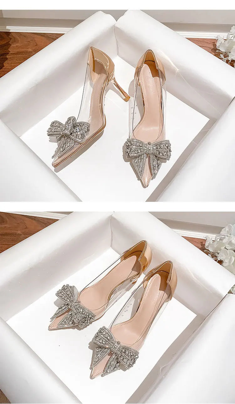 Women's Sexy Evening Wedding Shoes Thin Heels Pumps Shiny Diamond Inlaid Bridal Shoes Pointed Toe Bow Pumps for Women - Natalia Home Fashion
