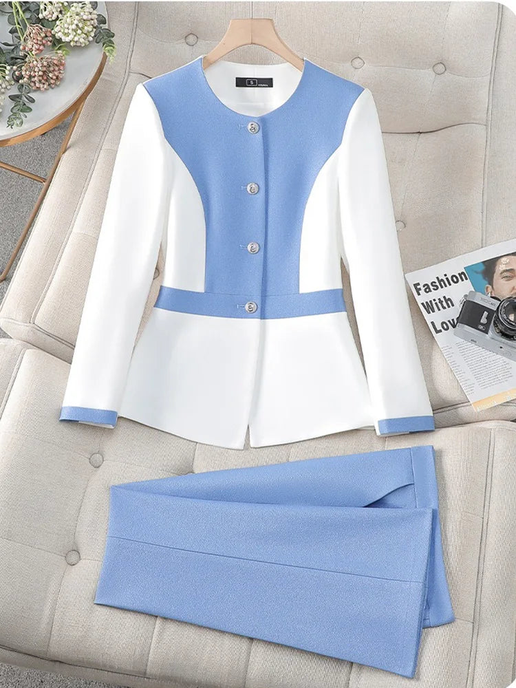 Elegant Blazer for Women Office Fashion Long Sleeve Suits Contrast Color Button Down Pant Suits